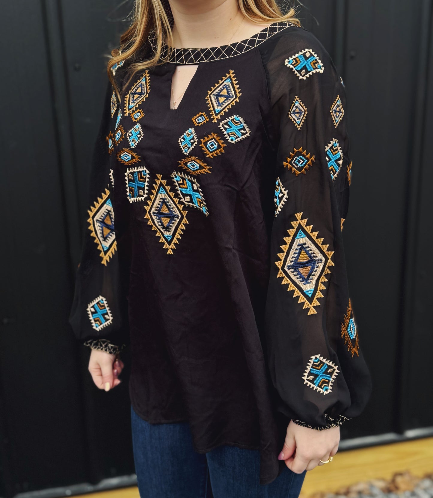 Black Aztec Embroidered Chiffon Top