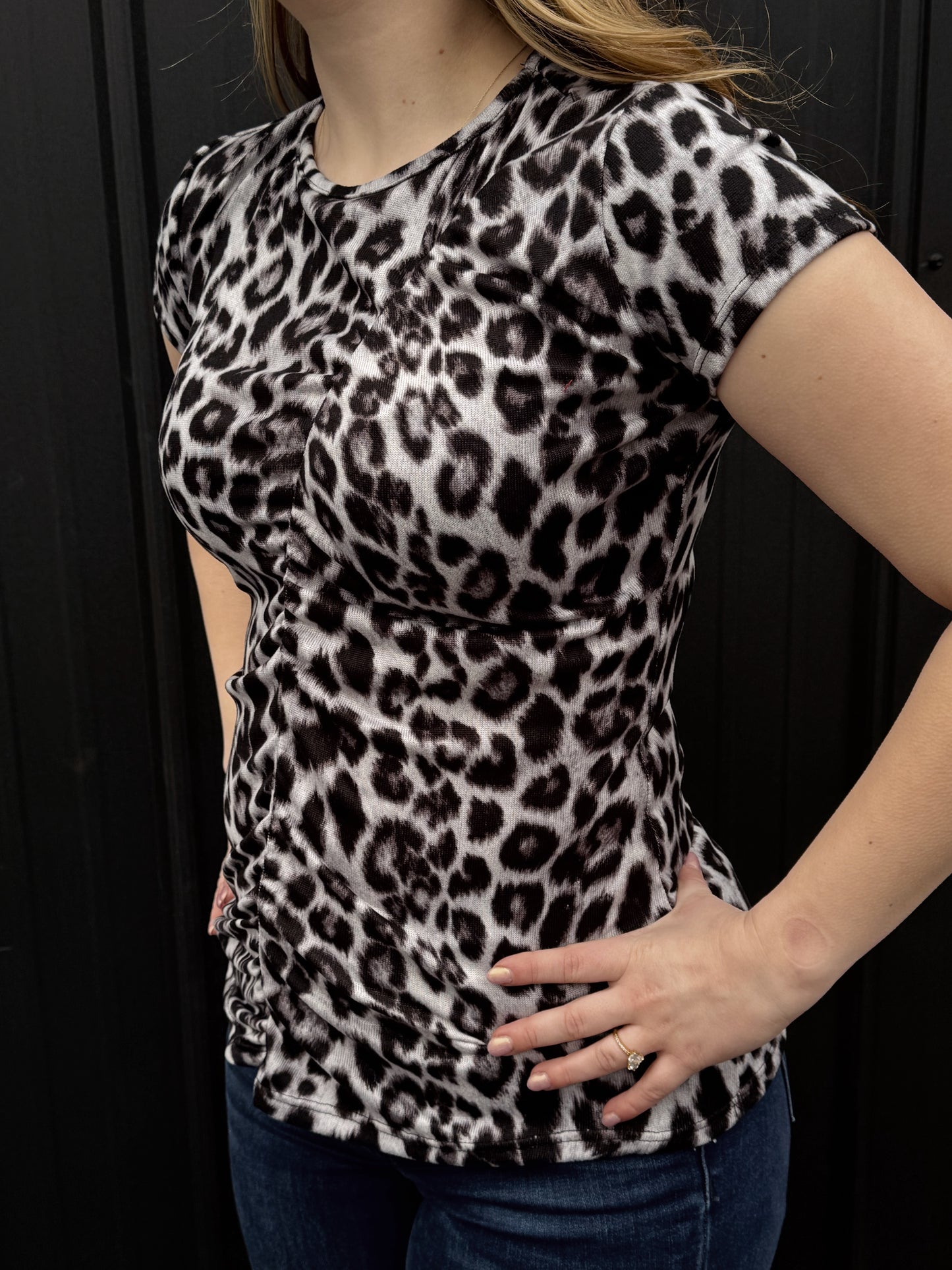 Black Leopard Front Gathered Detail Top