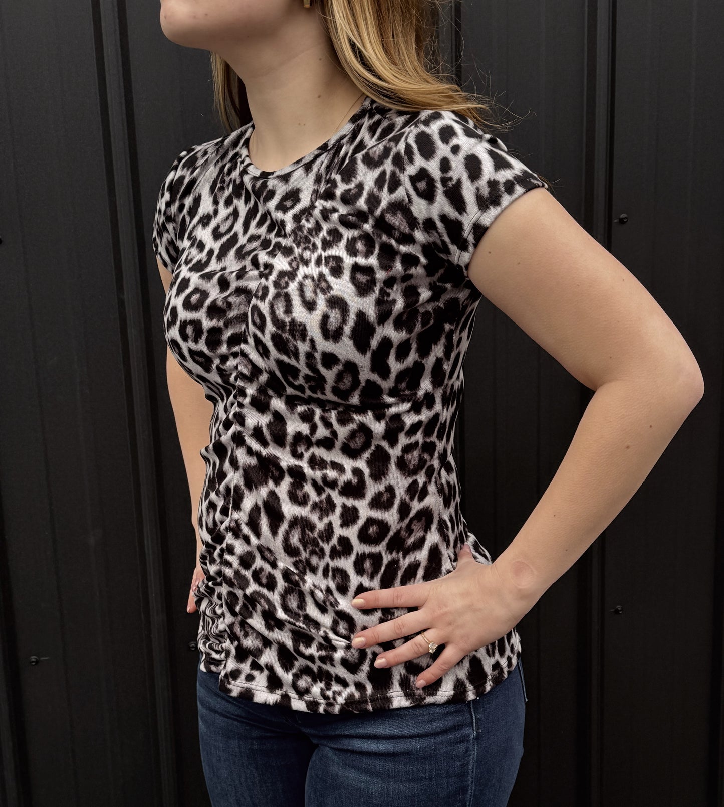 Black Leopard Front Gathered Detail Top