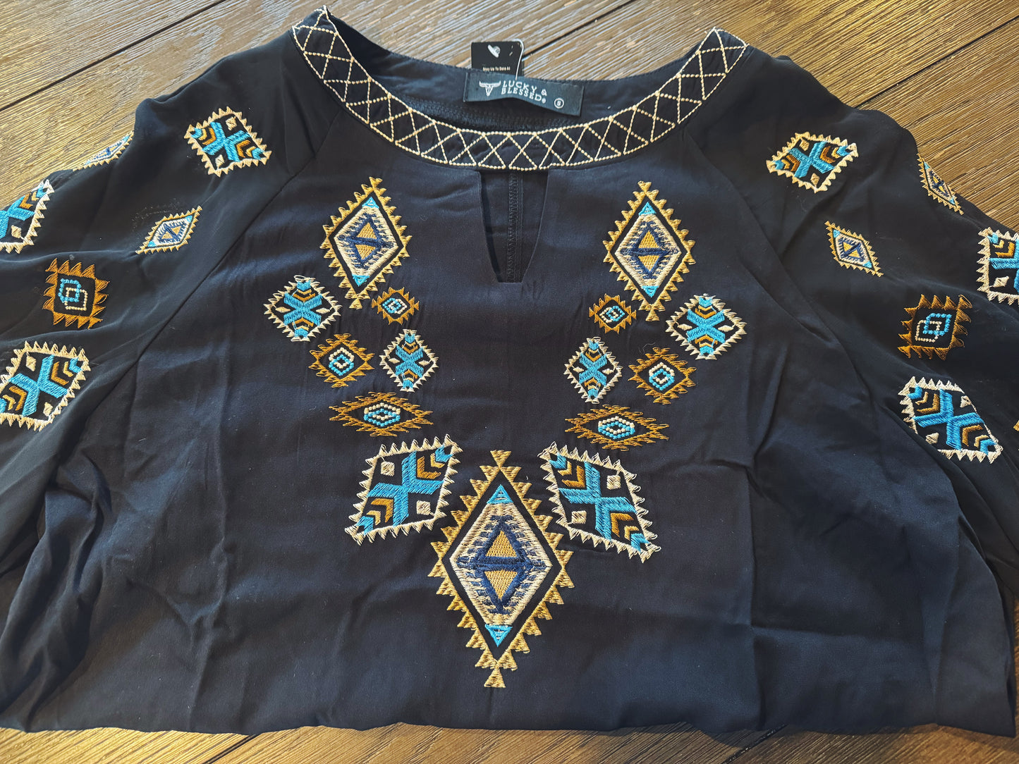 Black Aztec Embroidered Chiffon Top